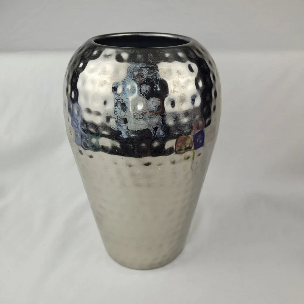 Hammered Silver Metal Vase Modern Dimpled Decorative Floral Urn